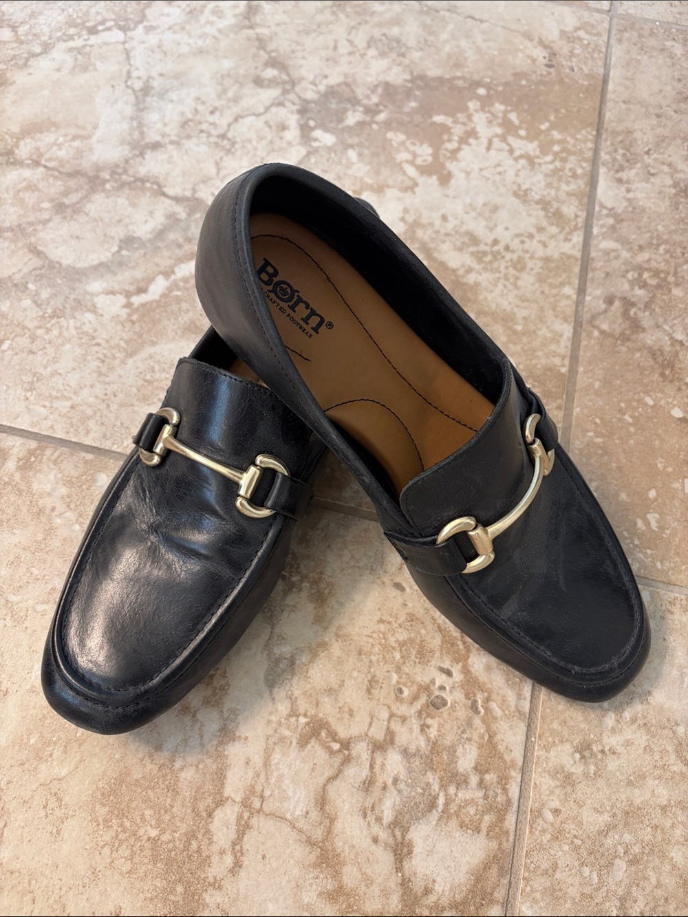Born Black Leather Loafers with Gold Bit